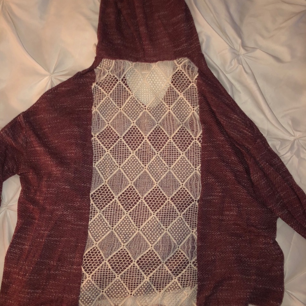 Maroon and lace cropped hoodie shirt